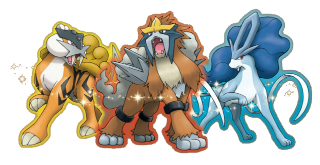 Shiny Raikou, Entei, and Suicune. Their colors are different than usual, each feels more monochrome. Raikou's mane is yellow, Entei's red crest is black, and Suicune's mane is dark blue. Their other colors have shifted only slightly.