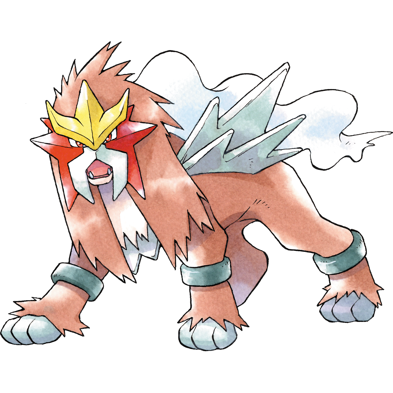 Entei. Resembling a stocky lion or a large dog, they have long brown fur, cream colored on their chest. They have a smoke-like mane down their back, spiky grey ridges rise on either side of the mane. The crest on their face has yellow spikes curved upwards, red spikes on either side, and two grey spikes framing the mouth.
