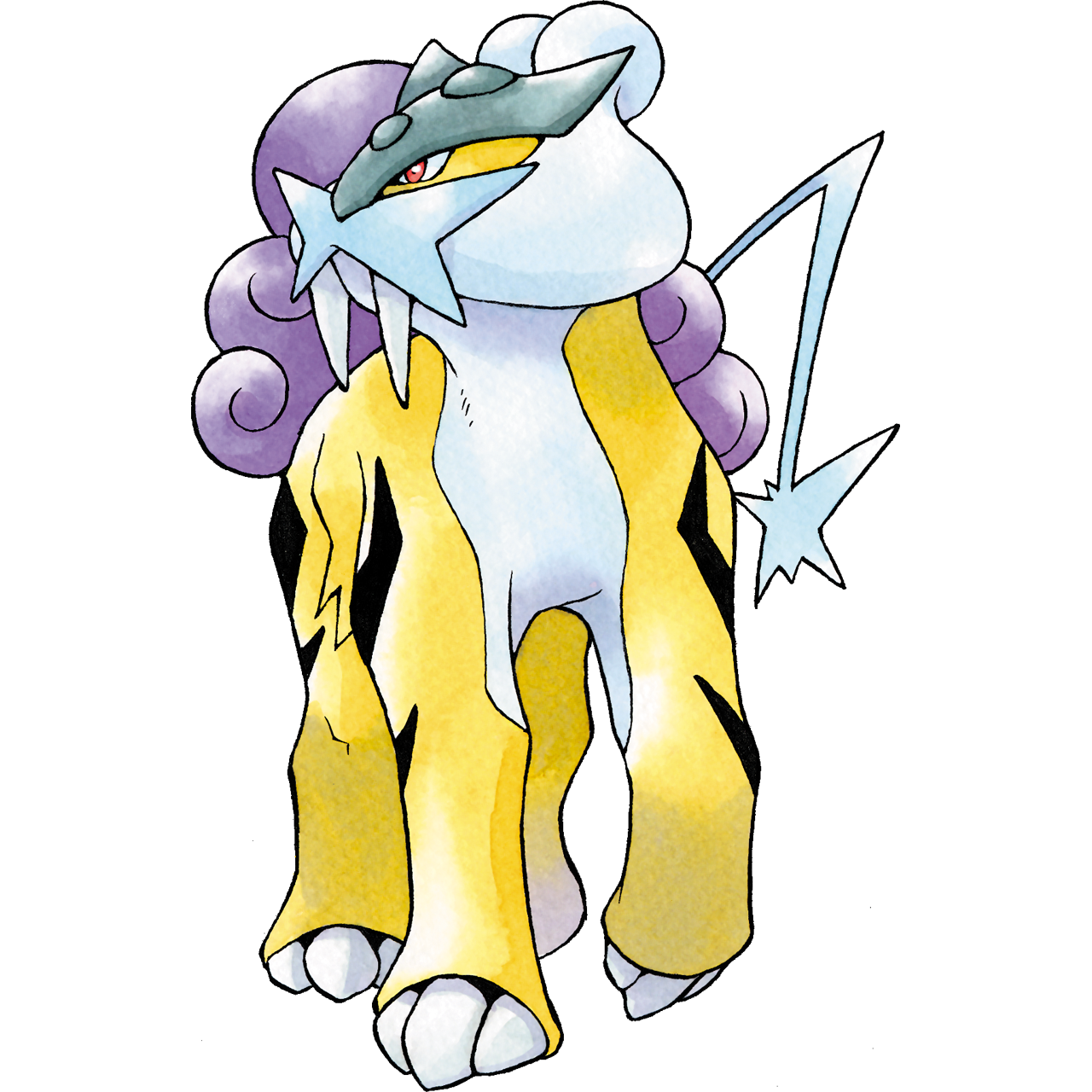 Raikou. Resembling a tiger, they have yellow fur, with black markings and a white belly. They have a long purple mane down their back and a blue tail, shaped like a lightning bolt. The crest on their face is black on the forehead, pointed like cat ears, and blue spikes resembling whiskers. They have long fangs like a sabretooth.