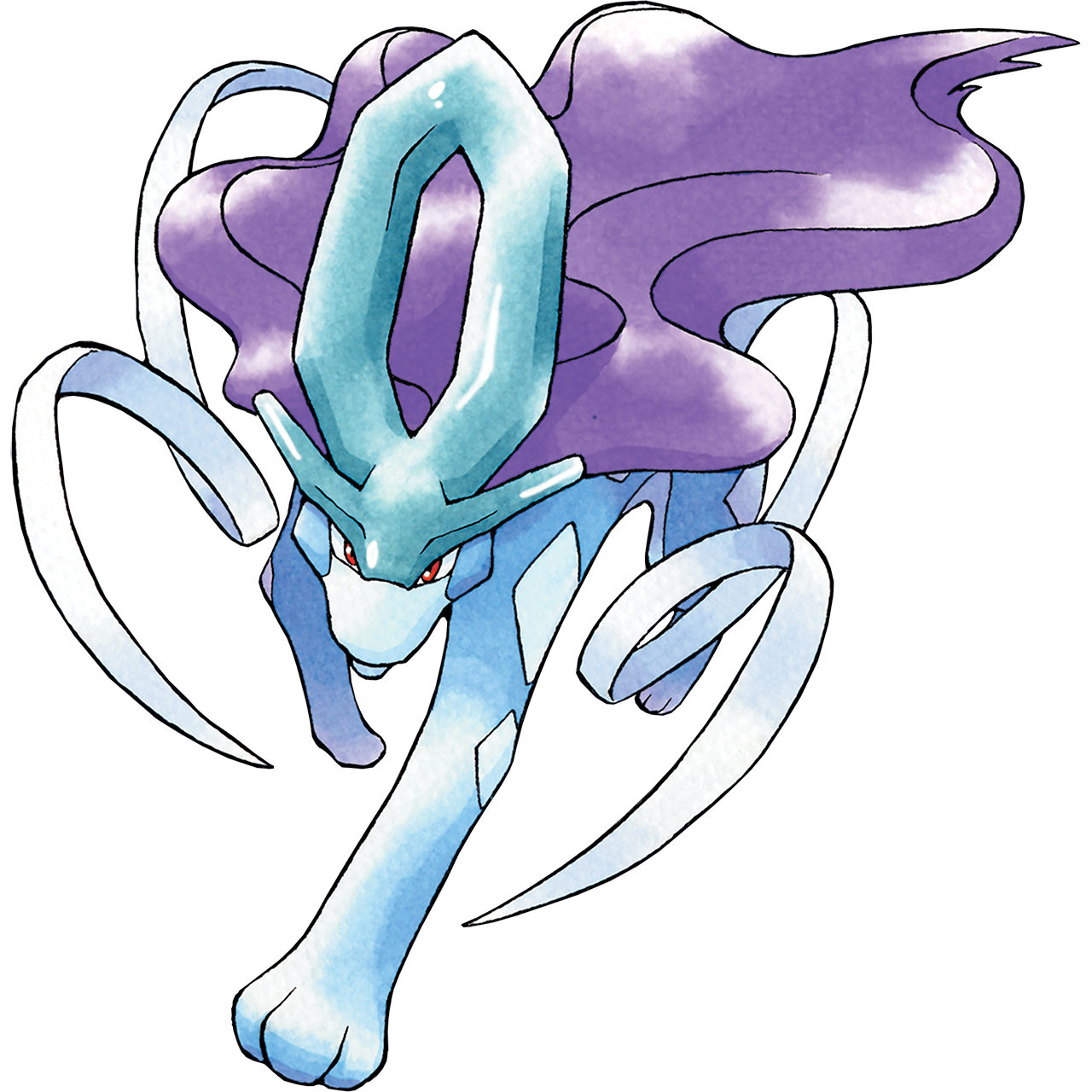 Suicune. Resembling a wolf, they have blue fur, with white diamond markings and a white belly. They have a flowing purple mane down their back, and their tail is twin white ribbons that flow forward. The large crest rising from their forehead is a blue hexagonal ring with small spikes at either side of the base.
